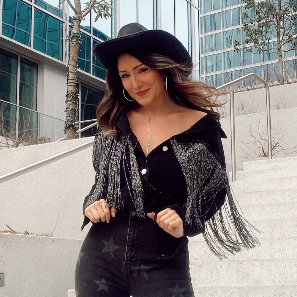 Drop Shoulder Fringe Trim Denim Jacket